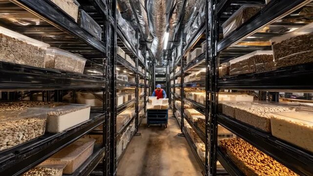 Medium view of a growth room with shelves of various spawn substrates like grain and sawdust highlighting different methods in mushroom farming