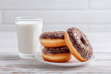 This appetizing image features a delectable stack of three freshly baked donuts, generously covered with rich chocolate frosting and crunchy nut or sprinkle toppings, presented on a pristine white pla