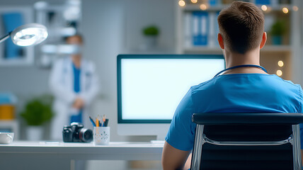 Healthcare professional working at a computer in a modern clinic, representing electronic records management, telehealth workflow and informed clinical decision support.
