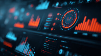 Futuristic analytics interface with circular gauge and charts represents KPI tracking, performance management and real time operations control for continuous improvement.
