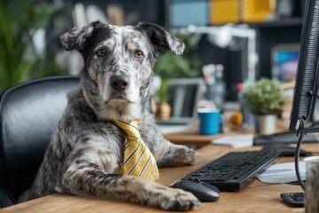 A charming and intelligent-looking dog with distinctive mottled grey and black fur sits attentively at a wooden office desk, wearing a bright yellow striped tie. Its paws are playfully positioned near
