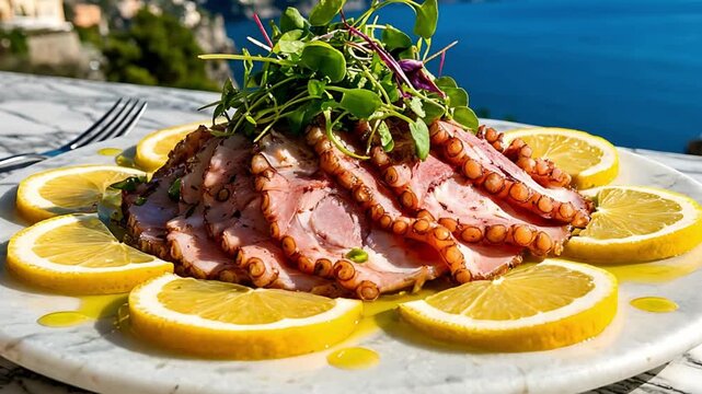 Sliced octopus carpaccio with lemon and greens on a marble plate, offering a gourmet Mediterranean dining experience by the sea