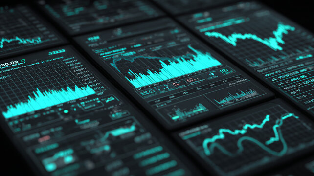 Financial dashboards show multiple charts and metrics, representing market analysis, portfolio tracking and data driven decision making for business performance.

