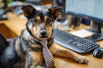 A charming, multi-colored dog with expressive eyes sits diligently at a wooden desk, poised as if engaged in office work. The domestic animal wears a smart striped tie around its neck, lending a humor