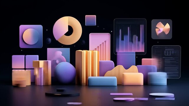 Dynamic visualization displaying abstract geometrical figures, statistical data and interactive diagrams to enhance data representation for digital strategy