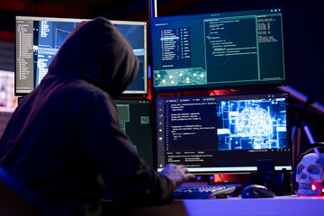 Rogue programmer uses AI deep learning to develop zero day exploit undetectable by antivirus. Hacker uses artificial intelligence computerized model to build script doing data mining