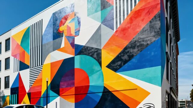 Customized mural creation on a modern building facade blending contemporary art with architectural features in an openair setting.