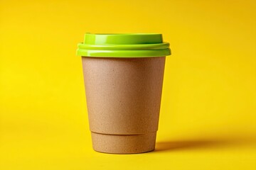 A vibrant, commercially appealing studio shot featuring an eco-conscious takeaway cup set against a striking, bright yellow background. The cup, crafted from textured brown paper, is topped with a che