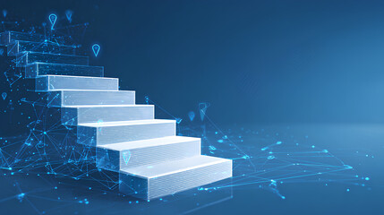 Concept of the path to success. Digital stairs with abstract podiums and staircase set on technology blue background. Abstract location pin. Tech low poly wireframe vector illustration. Stock Vector