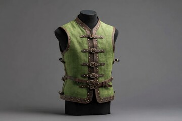 A detailed, rugged green vest, crafted from textured fabric and adorned with dark brown leather straps, metallic buckles, and studded accents, displayed on a mannequin against a neutral grey studio ba
