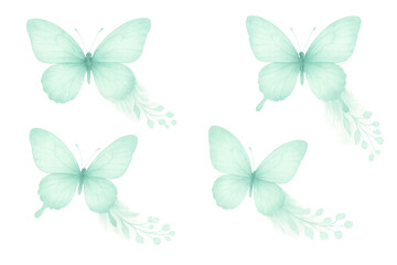 Watercolor butterflies with flowing botanical tails in a soft mint green palette, flying gracefully. Transparent background