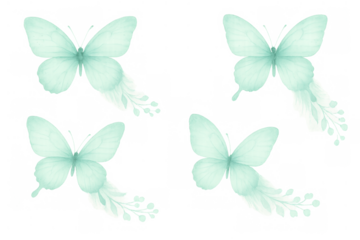 Watercolor butterflies with flowing botanical tails in a soft mint green palette, flying gracefully. Transparent background