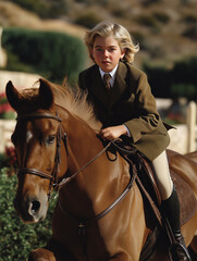 Obraz premium Boy rides a horse in a riding arena. The rider wears a vintage brown blazer and tie.