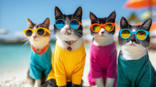 Four cats wearing colorful sunglasses pose on a sunny beach. Bright colors and a playful mood enhance the summer scene.