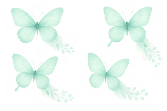Watercolor butterflies with flowing botanical tails in a soft mint green palette, flying gracefully. Transparent background