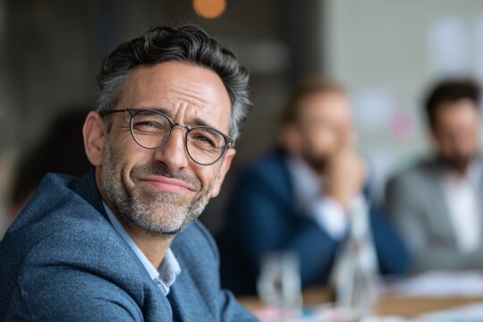 Businessman smiling nervously during a tense meeting, hiding discomfort behind polite professionalism.
