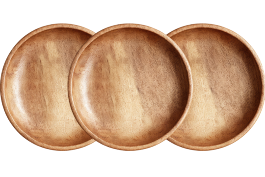 Three round wooden bowls, stacked, light brown