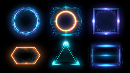 Digital neon HUD frames in futuristic geometric forms. Bright lightning portals with text. Game UX design elements. Futuristic technology cyberpunk set. Hexagon frame, circle HUD, square, and triangle