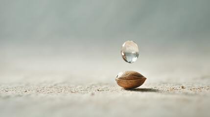 Floating Water Drop Above Almond Shell on Sand – Macro Nature Concept of Balance