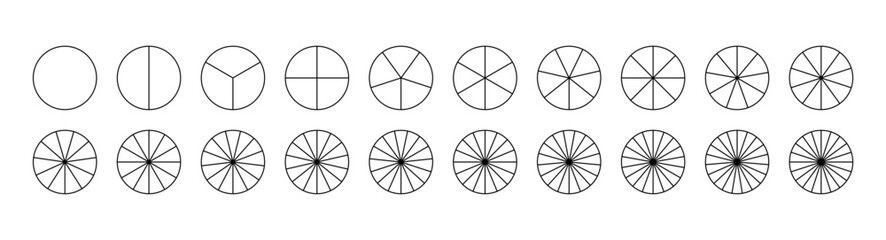 Parts of diagram wheel from 1 to 20. Outline black graphics. Template of pie chart. Coaching blank. Segmented charts. Sectors divide the circle on equal parts. Pie charts, pizza charts infographic set