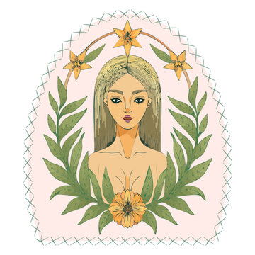 icon woman art nouveau leaves Beauty long blond hair flowers