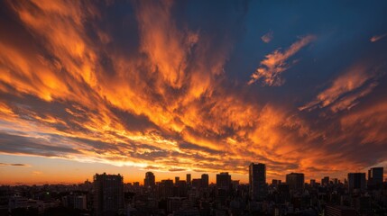 Fototapeta premium Golden and orange hues fill the sky as clouds swirl during a breathtaking sunset over the city.