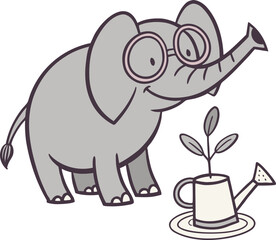 Whimsical elephant with glasses tending to a sprouting plant in a watering can, adorable illustration for children's storybooks and educational materials