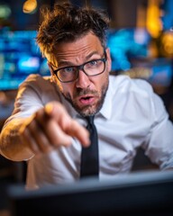 Obraz premium Businessman with finger pointing, showing a puzzled expression, analyzing confusing business data.