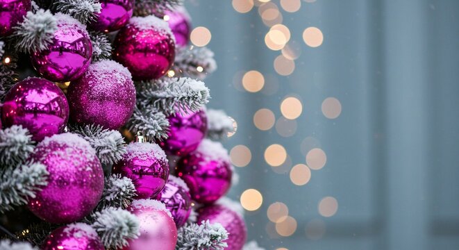 Festive tree adorned with vibrant fuchsia ornaments, dusted with snow, and twinkling bokeh lights backdrop. - Powered by Adobe