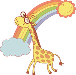 Naklejka premium Whimsical giraffe with glasses, rainbow, and happy sun brings joy to children's designs and educational materials, perfect for a cheerful and vibrant aesthetic