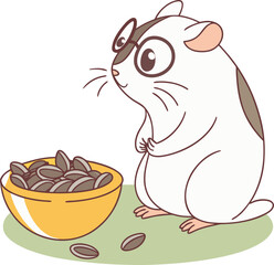 Adorable hamster with glasses ready to feast on sunflower seeds in a bowl, perfect for pet lovers and children's book illustrations