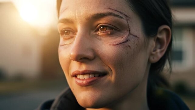 Close up portrait of a woman with facial scars smiling outdoors bathed in warm sunlight