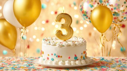 A vibrant birthday scene showcases a three tier cake with golden number three surrounded by balloons and confetti.