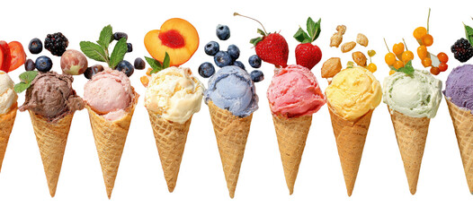Colorful ice cream scoops in waffle cones, topped with fresh fruits