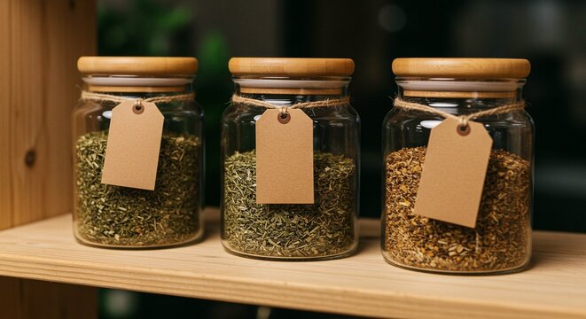Herbs and Spices: Glass jars filled with dried herbs and spices, rustic tags, on wood shelving display.