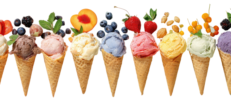 Colorful ice cream scoops in waffle cones, topped with fresh fruits