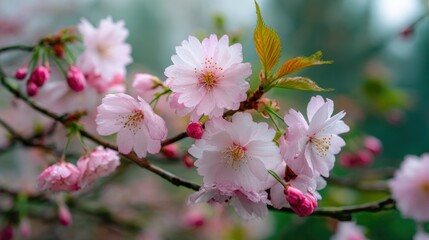 Obraz premium Delicate cherry blossoms open under soft light signaling the arrival of spring in a serene setting.