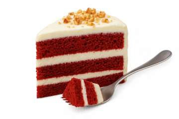 Red velvet cake slice with cream cheese frosting, layered sweet dessert, nuts topping, and a fork, transparent background