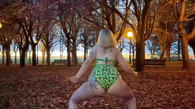 Professional dancer twerking in park at night