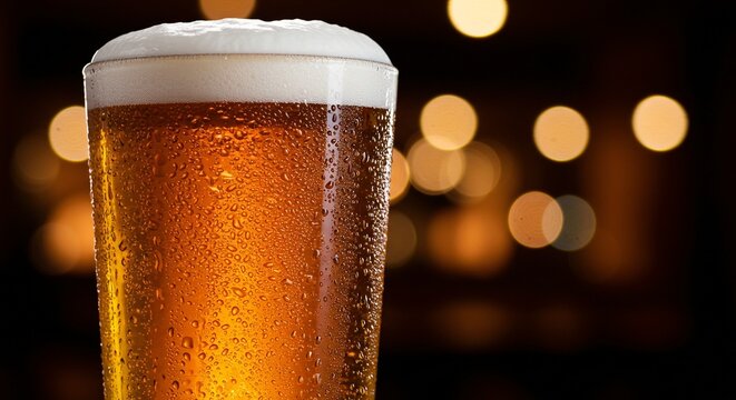 Refreshing glass of golden beer with a thick frothy head, condensation glistening against a warm background.