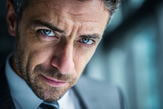 Businessman narrowing his eyes slightly, showing skepticism and focus in a serious business moment.