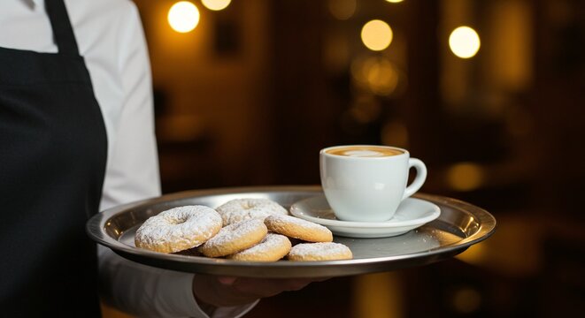 A server holds a tray of powdered cookies and a cup of coffee, illuminated by soft background lights.
