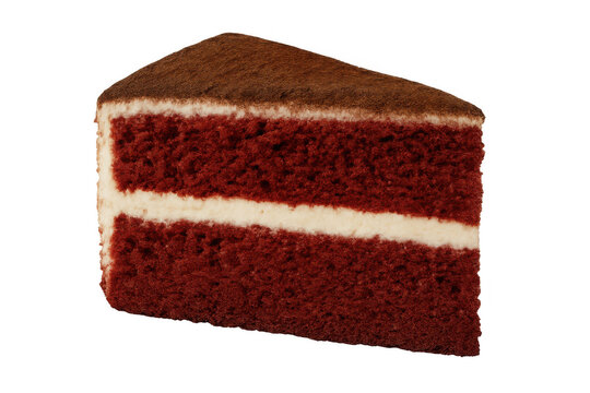 Red velvet cake slice with cream cheese frosting and cocoa powder topping, delicious dessert for celebration and special occasion