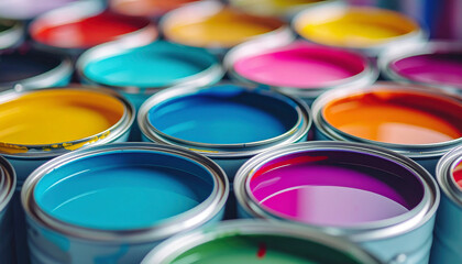 Fototapeta premium Paint cans stacked atop bucket, vibrant colors, colorful and visually appealing composition.