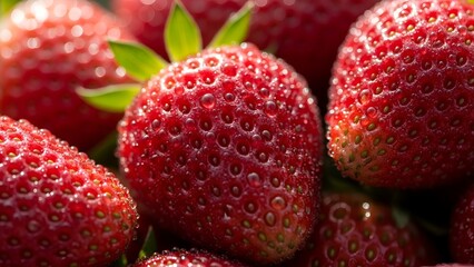 Fresh Red Strawberries with Green Leaves in Natural Light