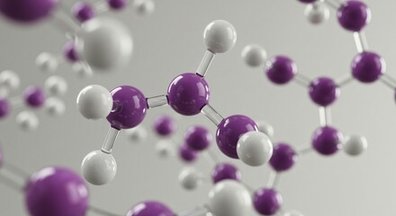 Molecular structure showcasing purple and white atoms interconnected with transparent bonds, science visualization