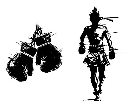 Muay Thai fighter silhouette and hanging boxing gloves &ndash; grunge ink vector illustration