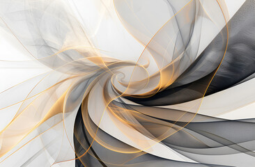 Abstrakcyjna kompozycja z dynamicznymi liniami w odcieniach szarości, bieli i złota – nowoczesny wir w stylu digital.