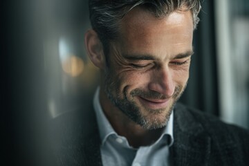 Fototapeta premium Businessman smiling gently while looking down, reflecting quiet satisfaction and gratitude.