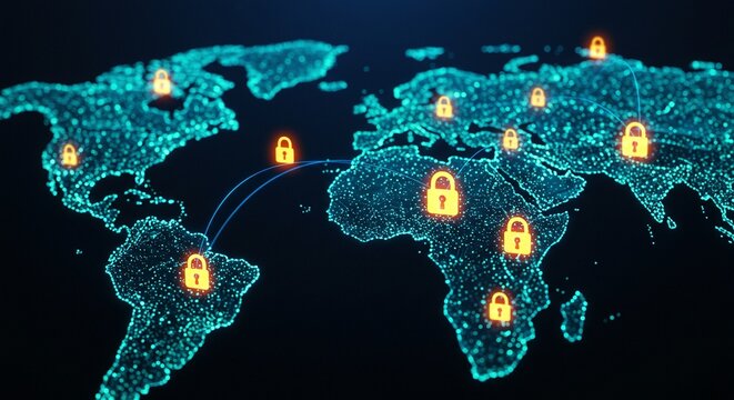 Global security network: World map with glowing locks representing cybersecurity and data protection.